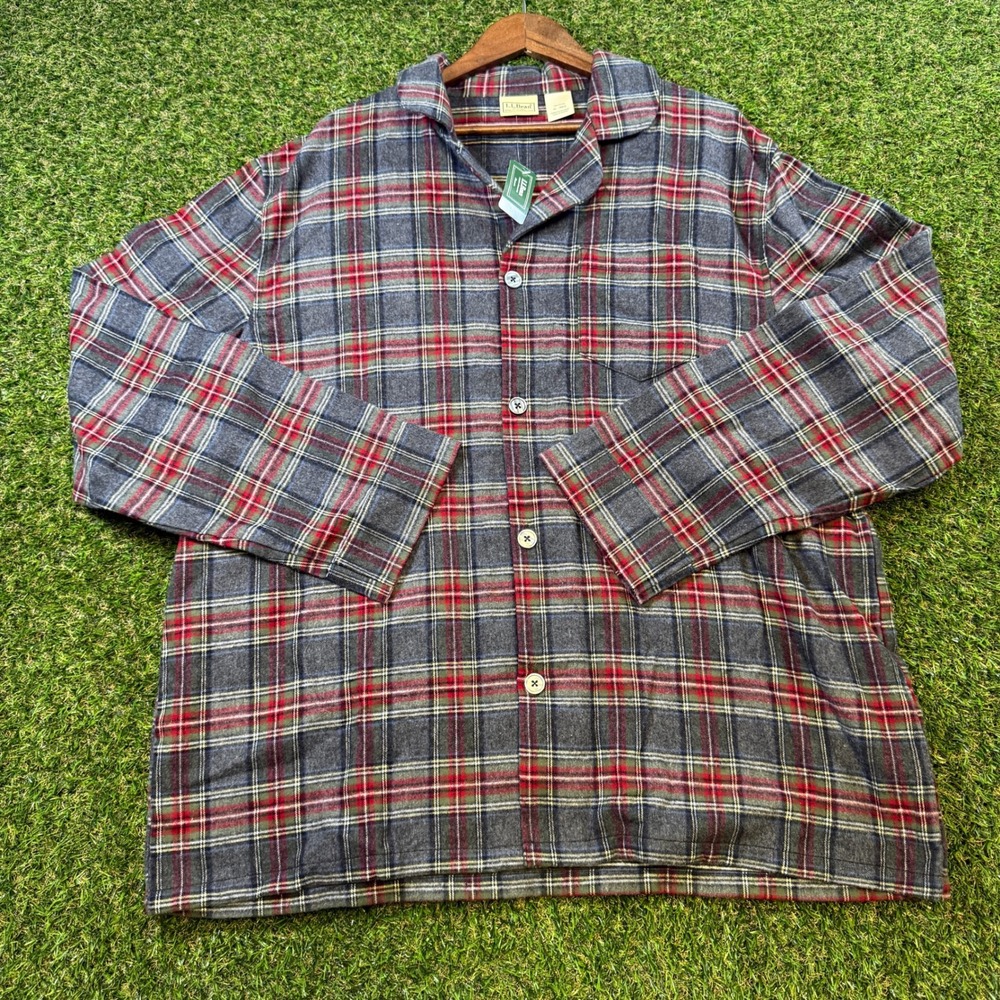 LL Bean Scotch Plaid Flannel Pajama Top Grey Stewart XL Regular 500244 NWT